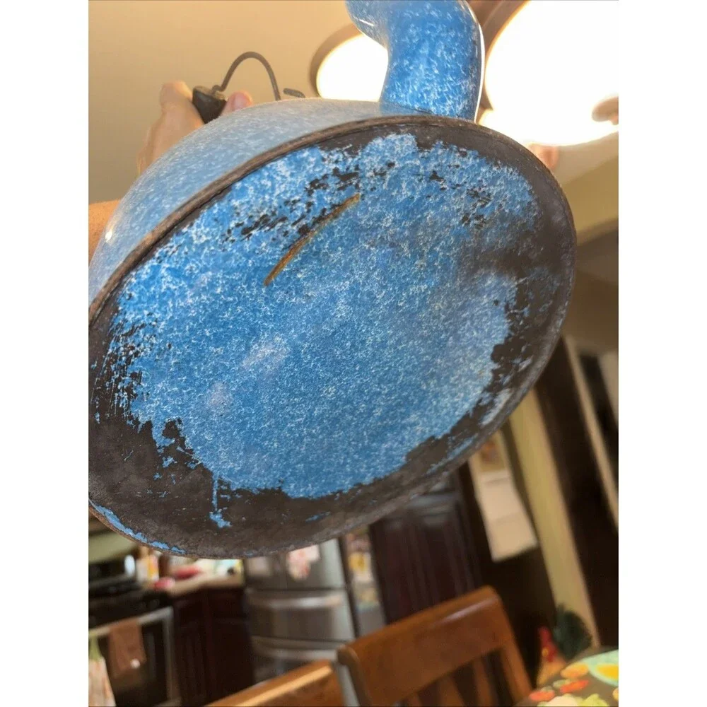 Antique Kettle German Graniteware Enamel Robin Egg Blue Wood Rare Cowboy Farm